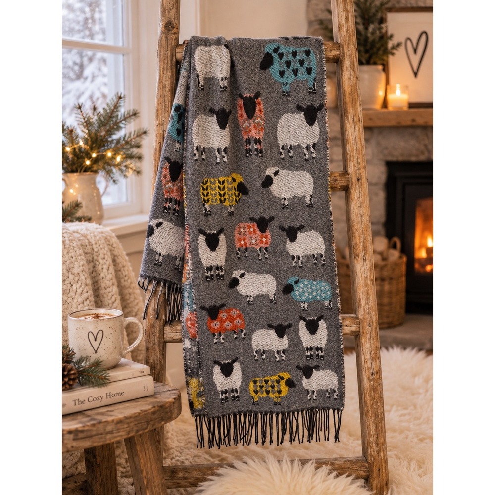 Jimmy Hourihan Molina Sheep Scarf Gray Fringed Knit Made in France Whimsical